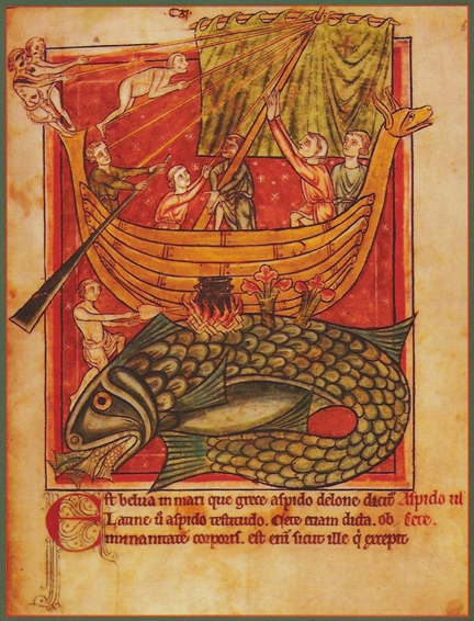 Sailors cast off from an 'island' that is actually a whale. From England, perhaps Salisbury, the 2nd quarter of the 13th century. MS Harley 4751 f. 69